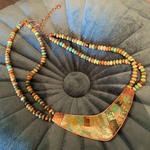 Stonelook inlay beadwork copper statement necklace